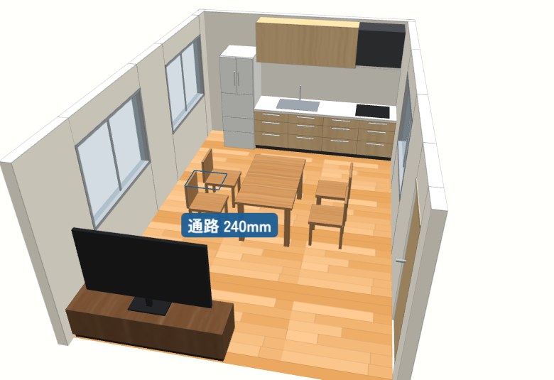 間取りさんの3D画面：キッチン・冷蔵庫・テーブル・テレビ台を置いた部屋